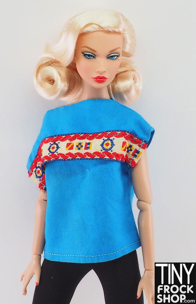 12" Fashion Doll Cotton Turquoise Top with Nautical Trim