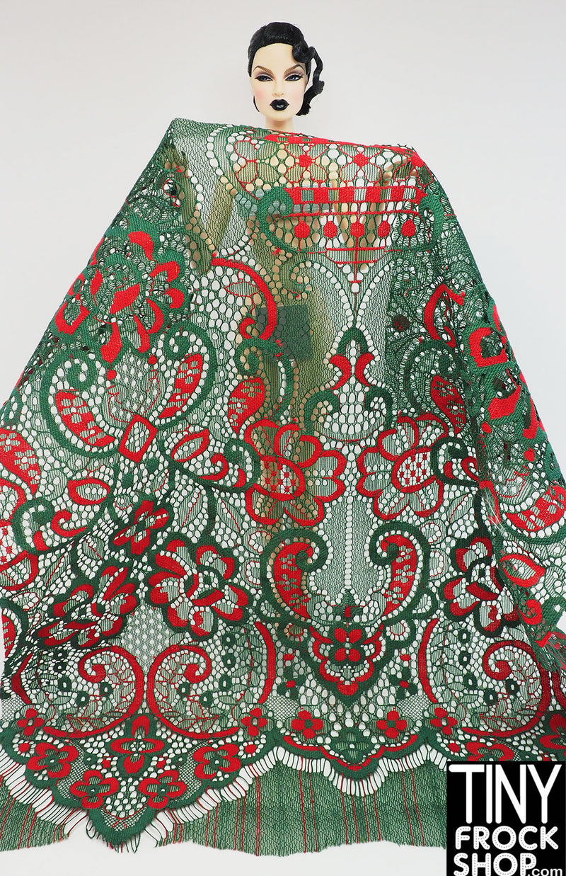 12" Fashion Doll F0122 Red and Green Lace Fabric