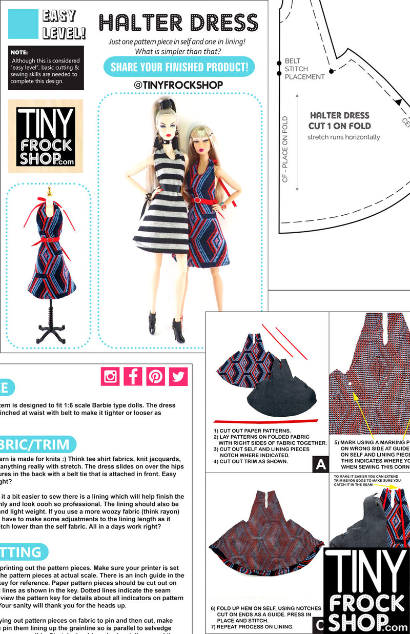 12" Fashion Doll Knit Halter Dress - Downloadable Pattern - EASY - by TINY FROCK 12" Fashion Doll Knit Halter Dress - Downloadable Pattern - EASY - by TINY FROCK