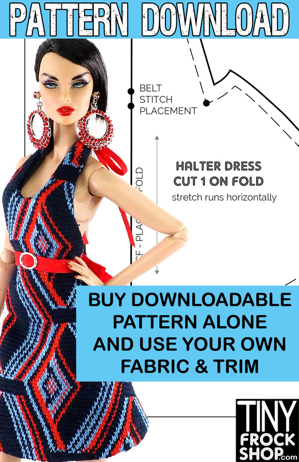 12" Fashion Doll Knit Halter Dress - Downloadable Pattern - EASY - by TINY FROCK