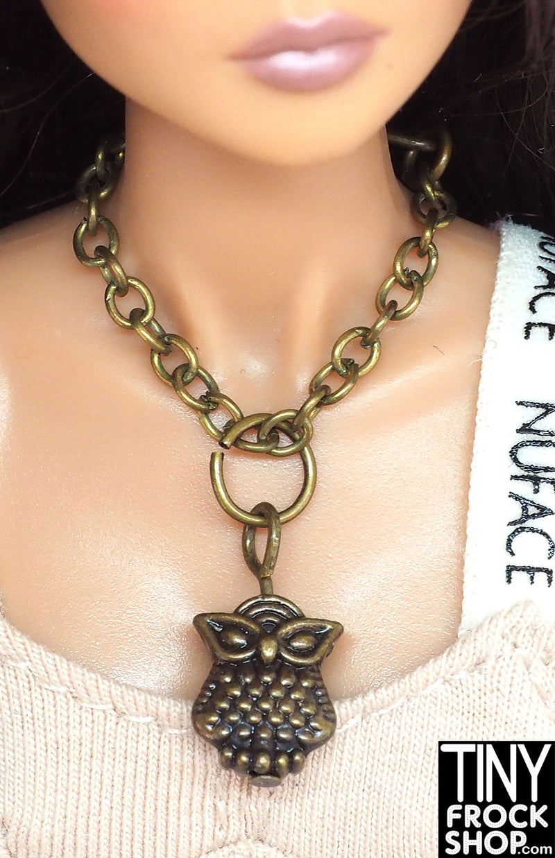 12" Fashion Doll Antique Gold Chubby Owl Necklace by Pam Maness