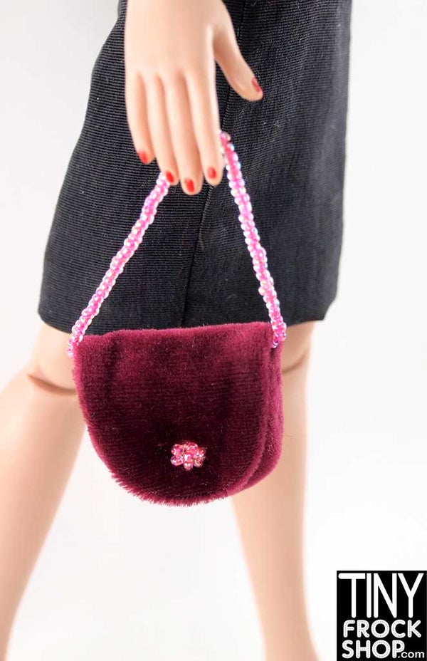 16 Inch Doll Burgundy Velvet Bag With Beaded Handle