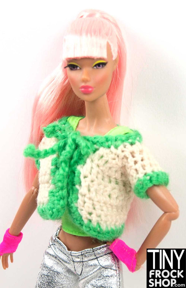 Barbie Cream And Green Handknit Tie front Sweater - TinyFrockShop.com