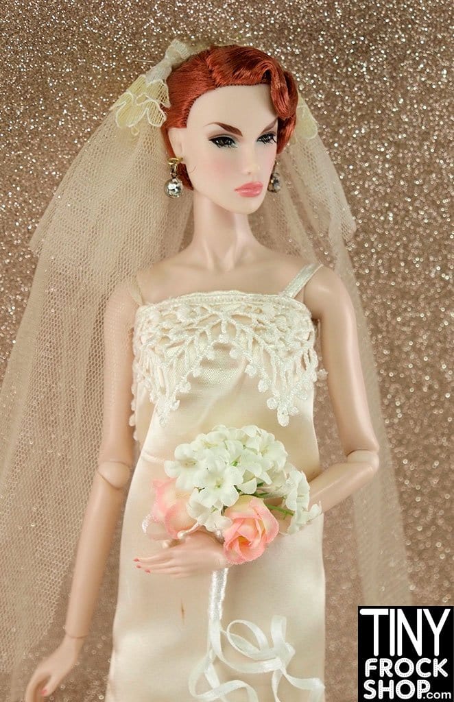 12" Fashion Doll Cream Re-embroidered Lace Satin Tube Wedding Dress with Veil