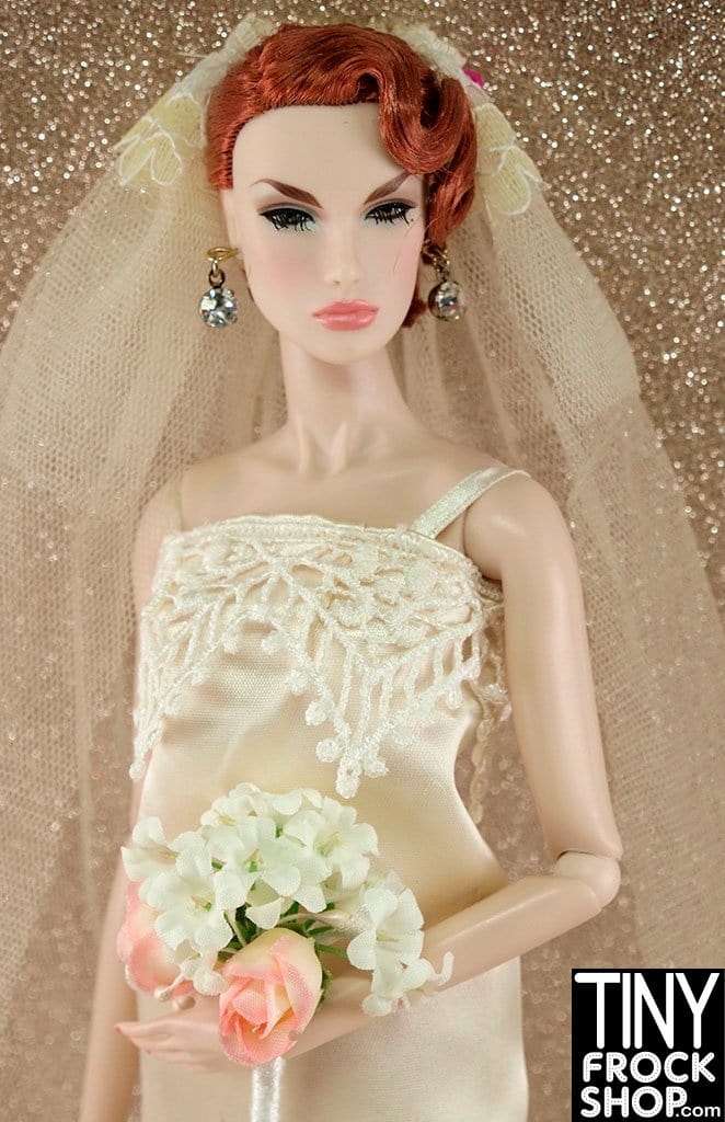 12" Fashion Doll Cream Re-embroidered Lace Satin Tube Wedding Dress with Veil