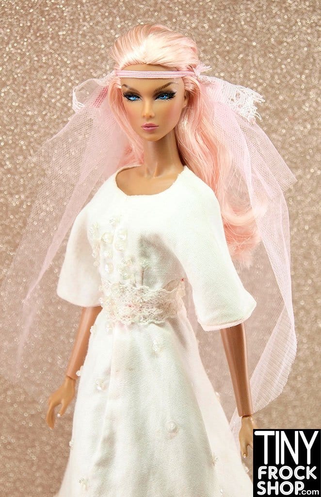 12" Fashion Doll Elegant Mini Beaded And Lace Wedding Dress With Pink Accents And Veil