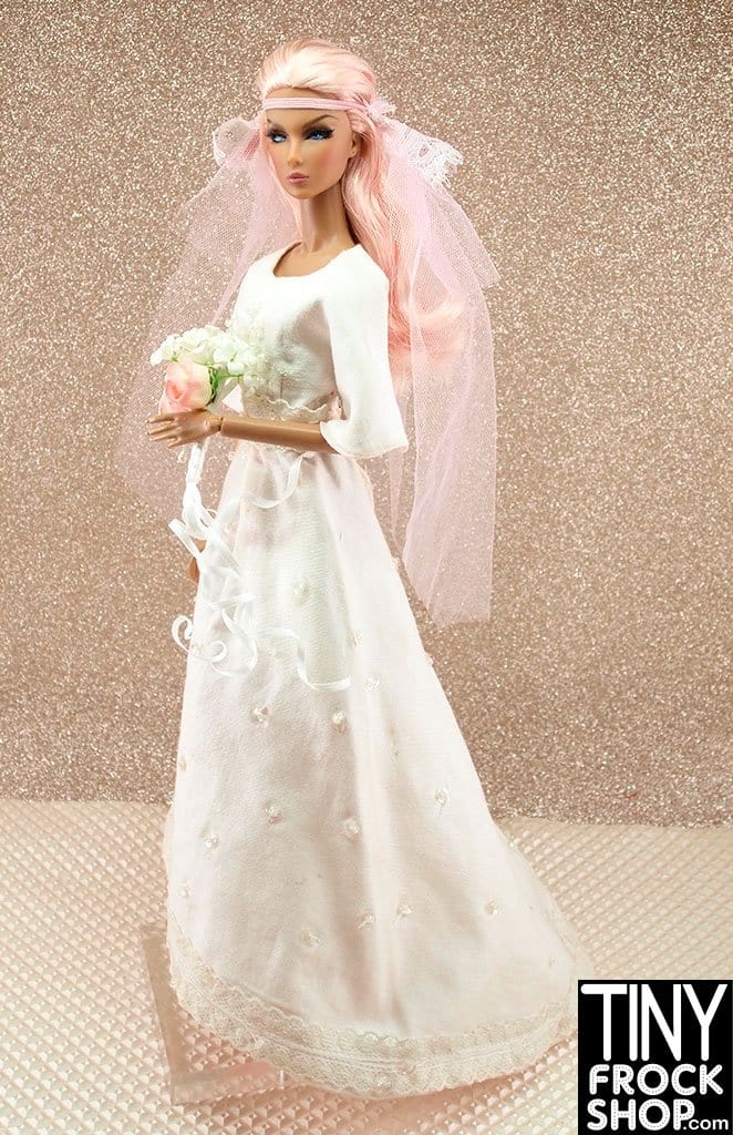 12" Fashion Doll Elegant Mini Beaded And Lace Wedding Dress With Pink Accents And Veil