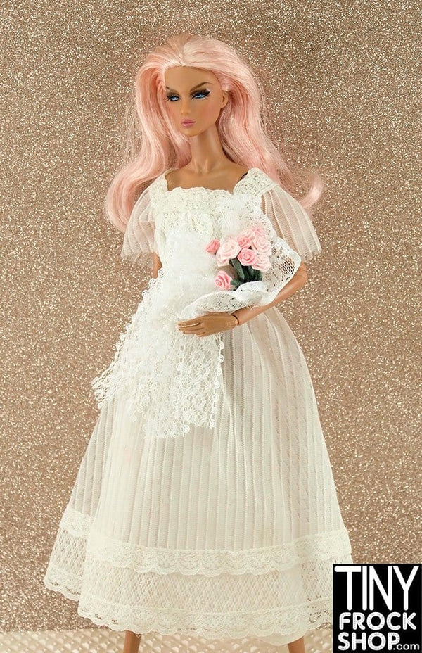 12" Fashion Doll Faux Pin Tucked Lace Wedding Dress With Over The Face Veil