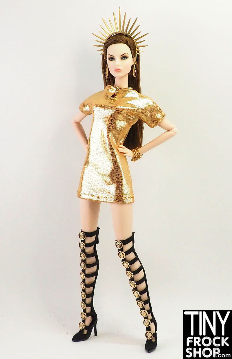 OOAK 12" Fashion Doll Gold Metallic Foil Boat Neck Dress By Tiny Frock