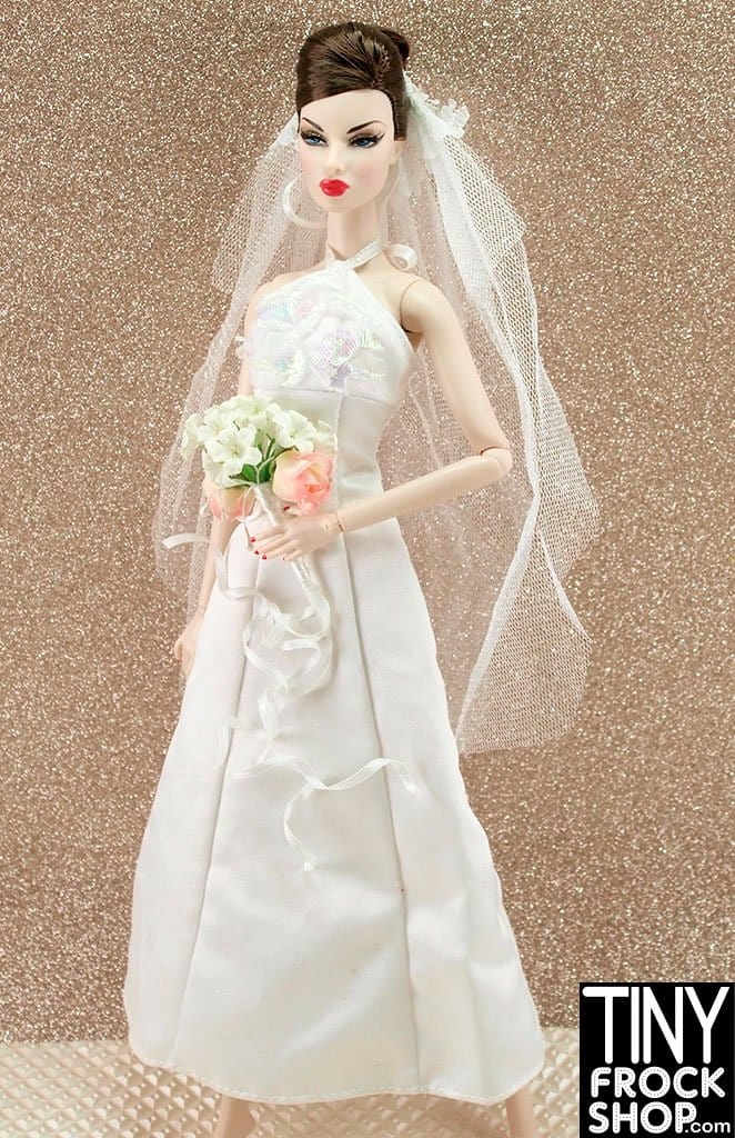 12" Fashion Doll Iridescent Halter And Matte Satin Wedding Dress With Veil