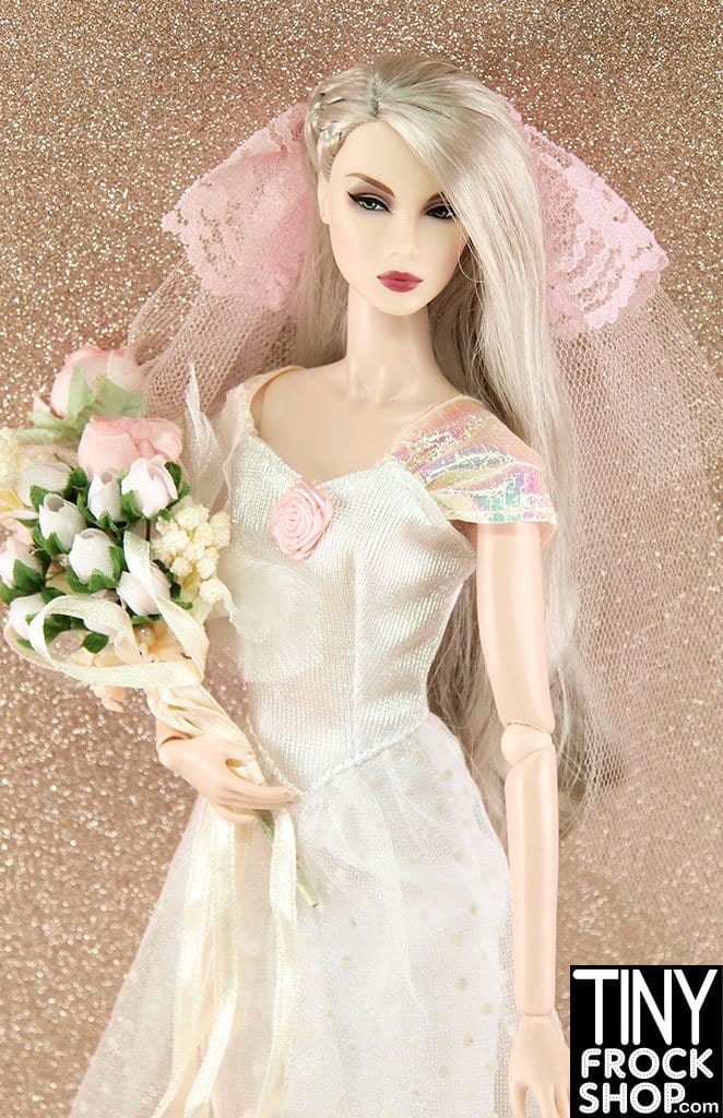 12" Fashion Doll Iridescent Sleeve And Rose Wedding Dress With Pink Veil