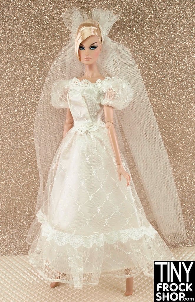 12" Fashion Doll Lacey Puff Sleeve Country Wedding Dress With Shirred Veil