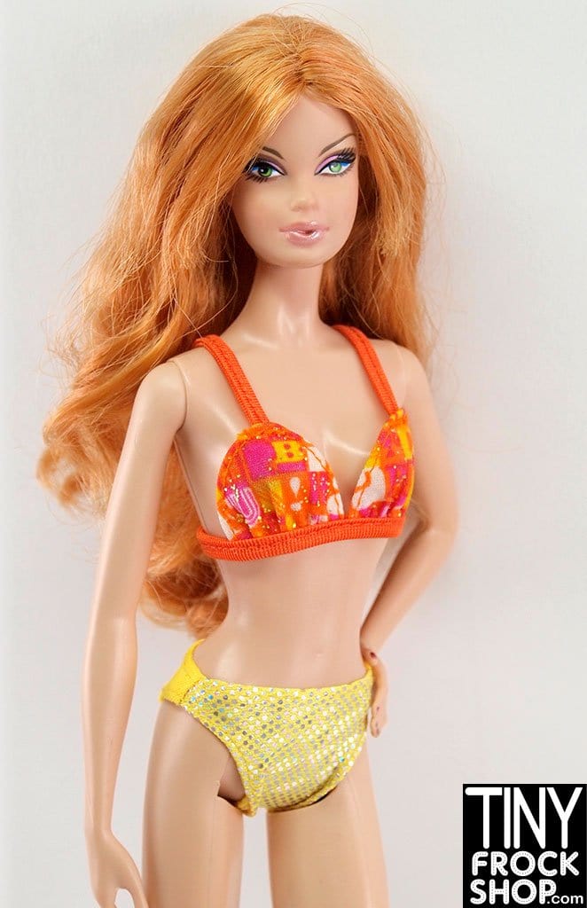 12" Fashion Doll Orange And Yellow Foiled And Printed Bikini Set