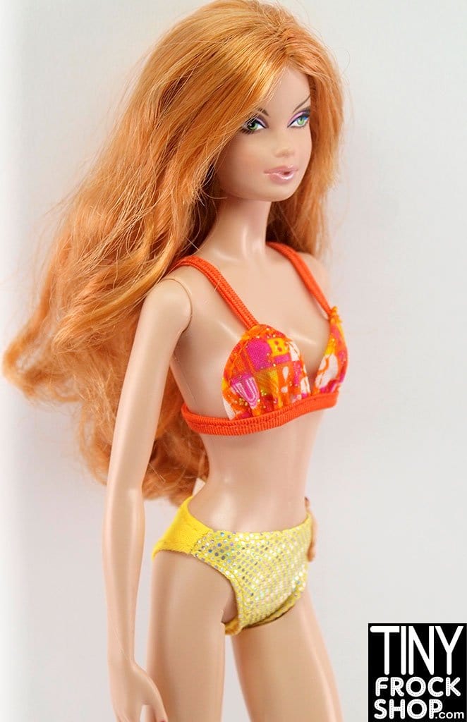 12" Fashion Doll Orange And Yellow Foiled And Printed Bikini Set