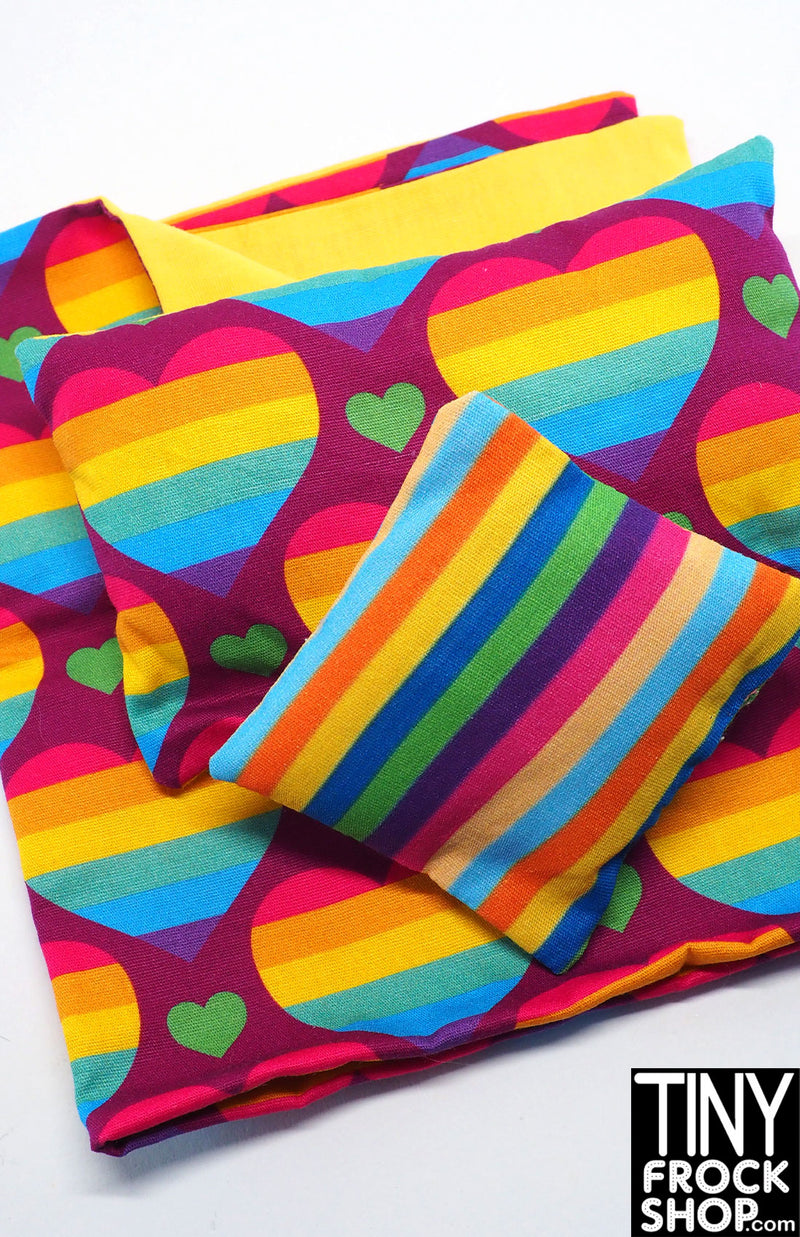 12" Fashion Doll Rainbow Hearts Bedding Sets by Dress that Doll - 2 Styles