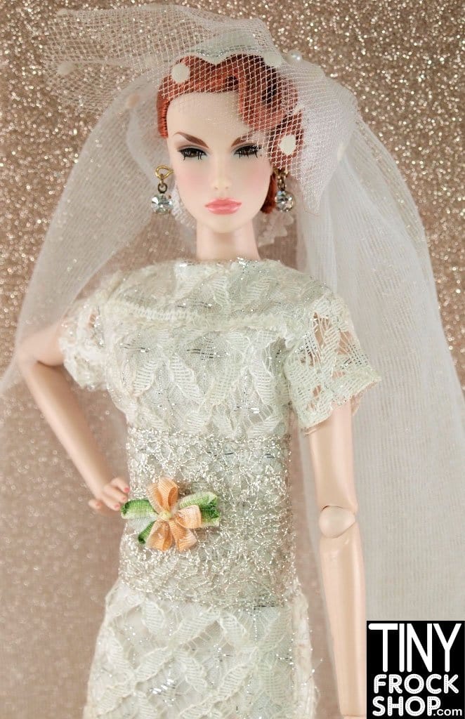 12" Fashion Doll Vintage Lace And Silver Slim Wedding Dress With Veil Hat